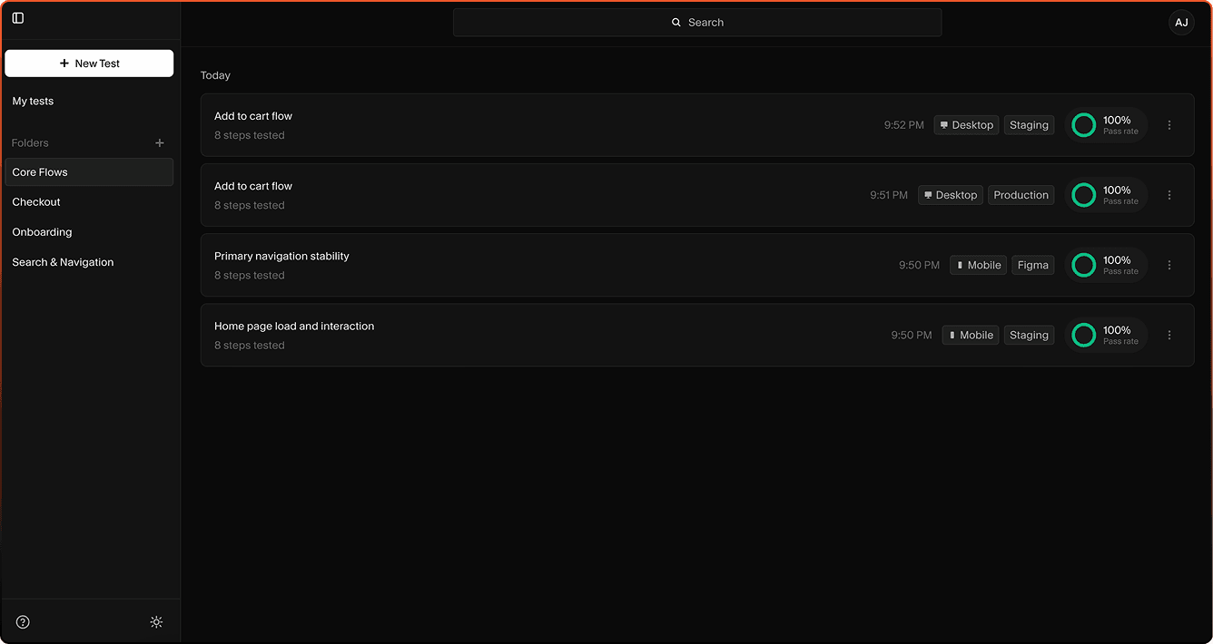 Testing Dashboard Interface